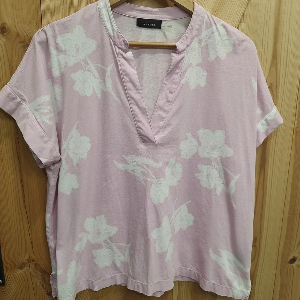 Natori Pink Floral Lounge Top Womens L Soft Knit Pajama Blouse Casual Sleepwear‎